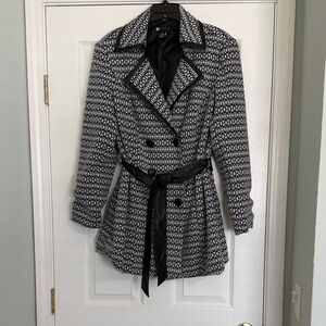 Carole Little Black and White Patterned Double Breasted Trench Coat